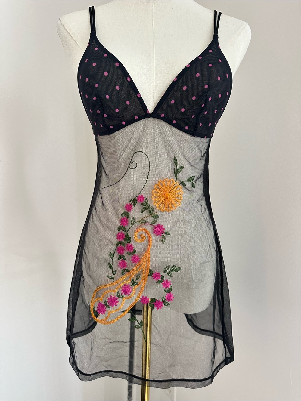 La Perla Sheer Black Embroidered Mesh Chemise with Pink Dot Cups